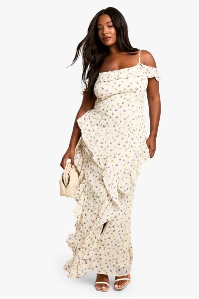 Product PLUS DITSY FLORAL OFF THE SHOULDER RUFFLE DETAIL MAXI DRESS