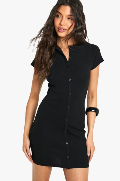 Product Rib Button Down Cap Sleeve Mini Dress