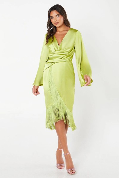Product Satin Fringe Hem Wrap Waist Midi Dress